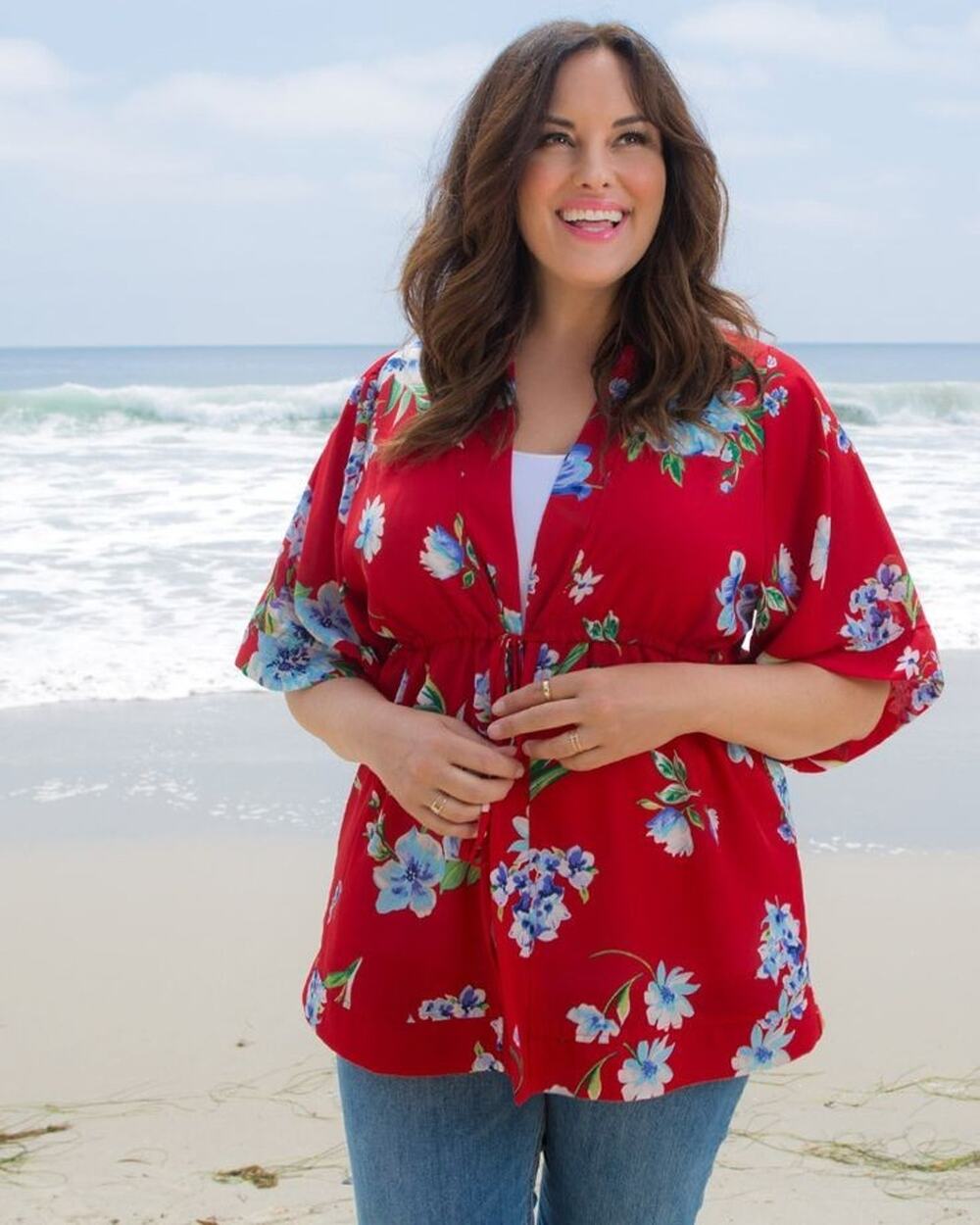 Kiyonna Red Floral Top Bali Breeze Bellini 3X Kiimono Sleeves Spring Summer
